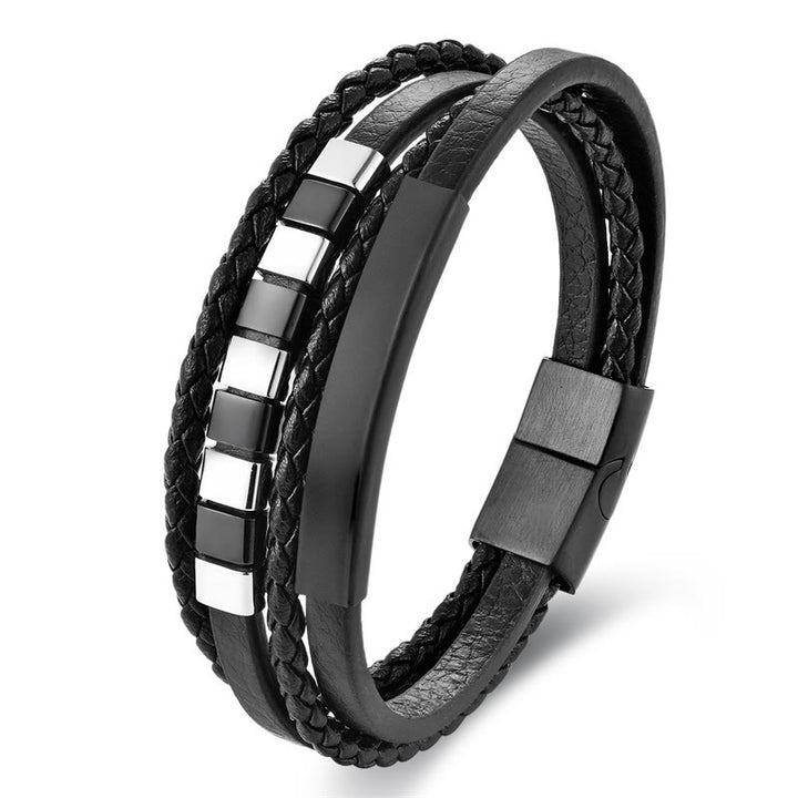 Buddha Stones Quadratisches Titanstahl-Leder-Armband mit mehrschichtiger Schnalle