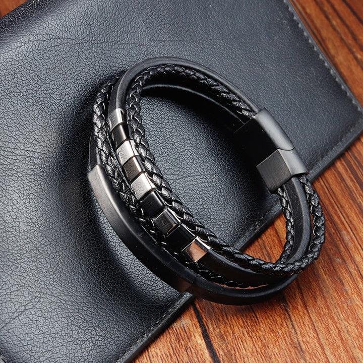 Buddha Stones Quadratisches Titanstahl-Leder-Armband mit mehrschichtiger Schnalle