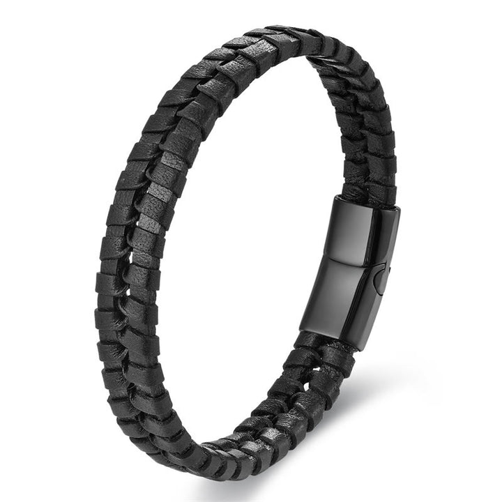 Buddha Stones Einfaches geflochtenes Muster Titanstahl verstärktes mehrschichtiges Lederarmband mit Schnalle