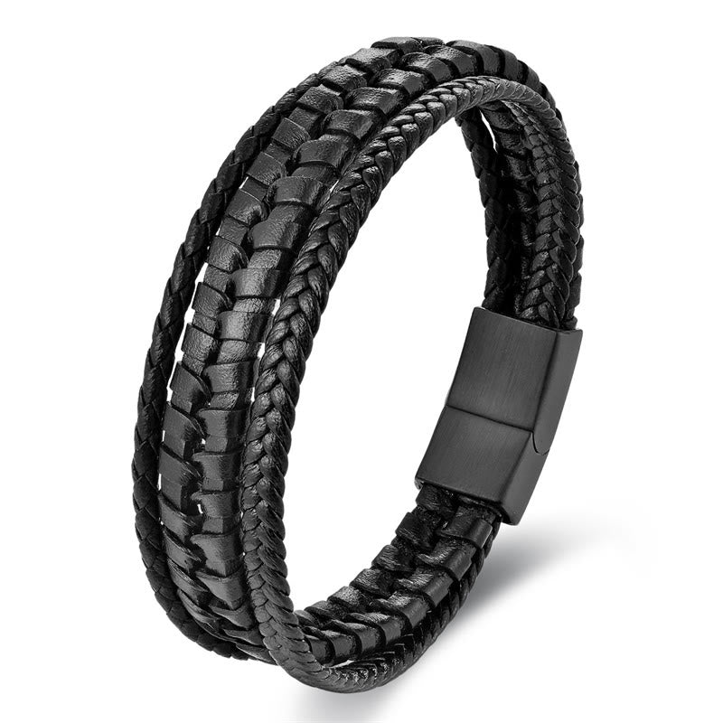 Buddha Stones Einfaches geflochtenes Muster Titanstahl verstärktes mehrschichtiges Lederarmband mit Schnalle