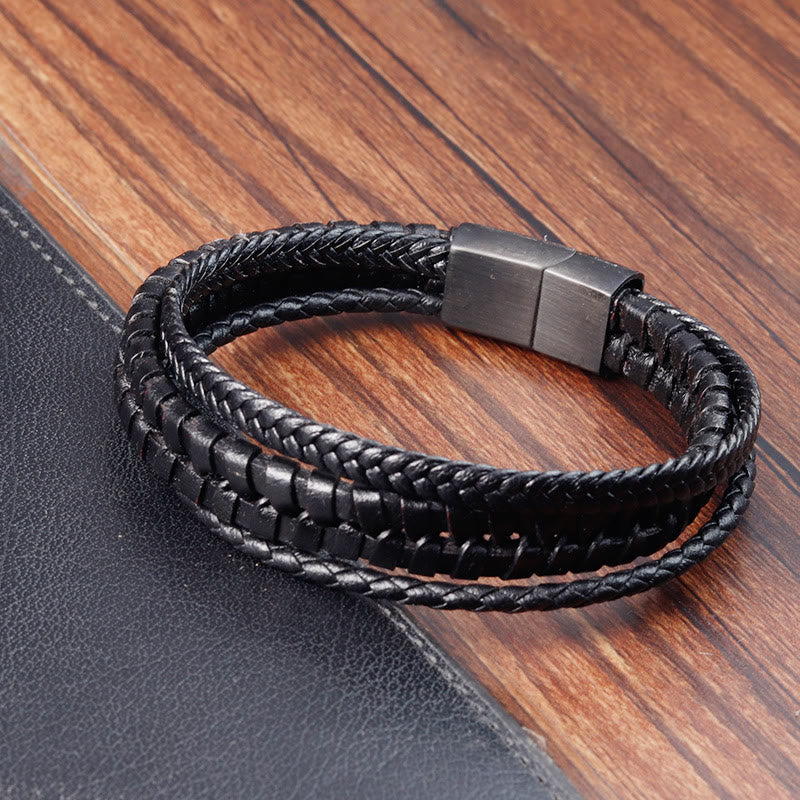 Buddha Stones Einfaches geflochtenes Muster Titanstahl verstärktes mehrschichtiges Lederarmband mit Schnalle