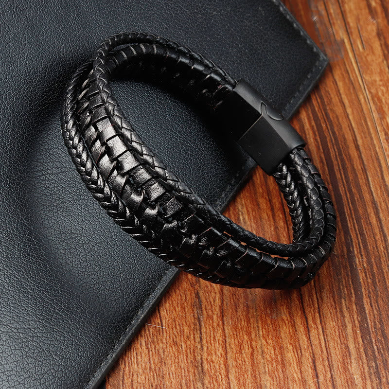 Buddha Stones Einfaches geflochtenes Muster Titanstahl verstärktes mehrschichtiges Lederarmband mit Schnalle