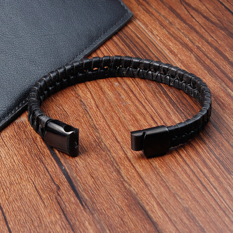 Buddha Stones Einfaches geflochtenes Muster Titanstahl verstärktes mehrschichtiges Lederarmband mit Schnalle