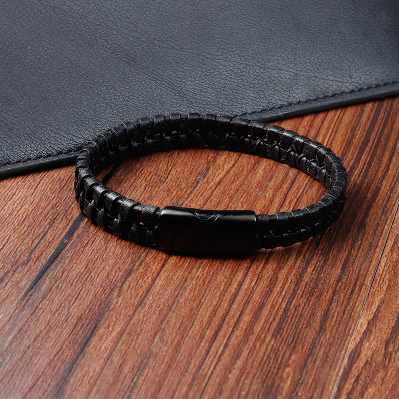 Buddha Stones Einfaches geflochtenes Muster Titanstahl verstärktes mehrschichtiges Lederarmband mit Schnalle