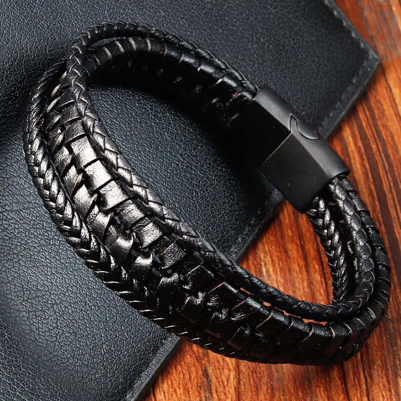 Buddha Stones Einfaches geflochtenes Muster Titanstahl verstärktes mehrschichtiges Lederarmband mit Schnalle