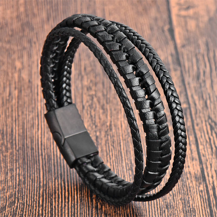 Buddha Stones Einfaches geflochtenes Muster Titanstahl verstärktes mehrschichtiges Lederarmband mit Schnalle