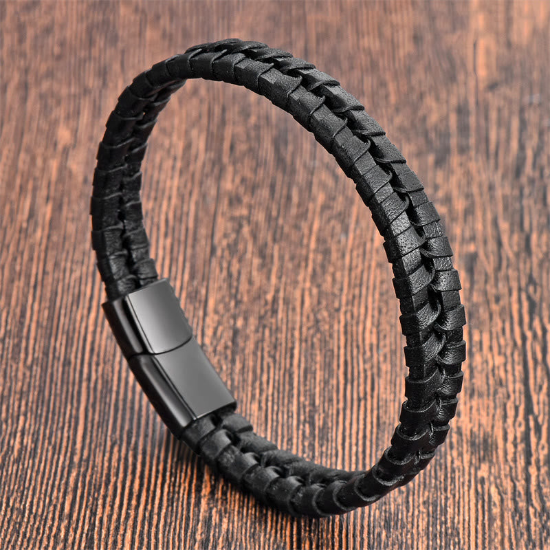 Buddha Stones Einfaches geflochtenes Muster Titanstahl verstärktes mehrschichtiges Lederarmband mit Schnalle