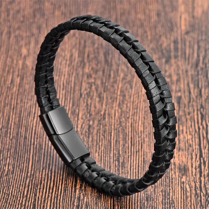 Buddha Stones Einfaches geflochtenes Muster Titanstahl verstärktes mehrschichtiges Lederarmband mit Schnalle