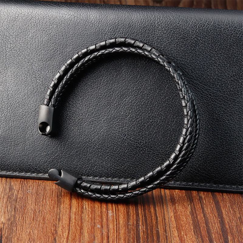 Buddha Stones Einfaches geflochtenes Muster Titanstahl verstärktes mehrschichtiges Lederarmband mit Schnalle