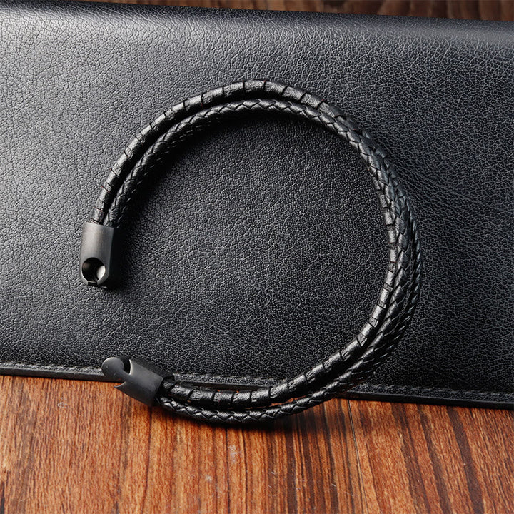 Buddha Stones Einfaches geflochtenes Muster Titanstahl verstärktes mehrschichtiges Lederarmband mit Schnalle