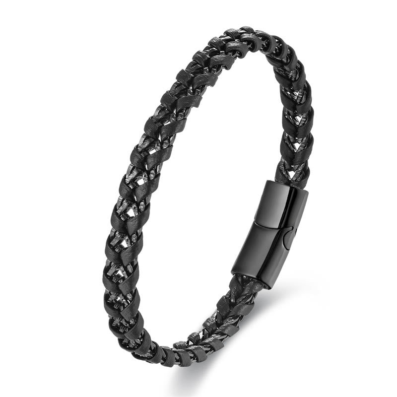 Buddha Stones Geflochtenes Design Titanstahl Ruhiges mehrschichtiges Lederarmband mit Schnalle
