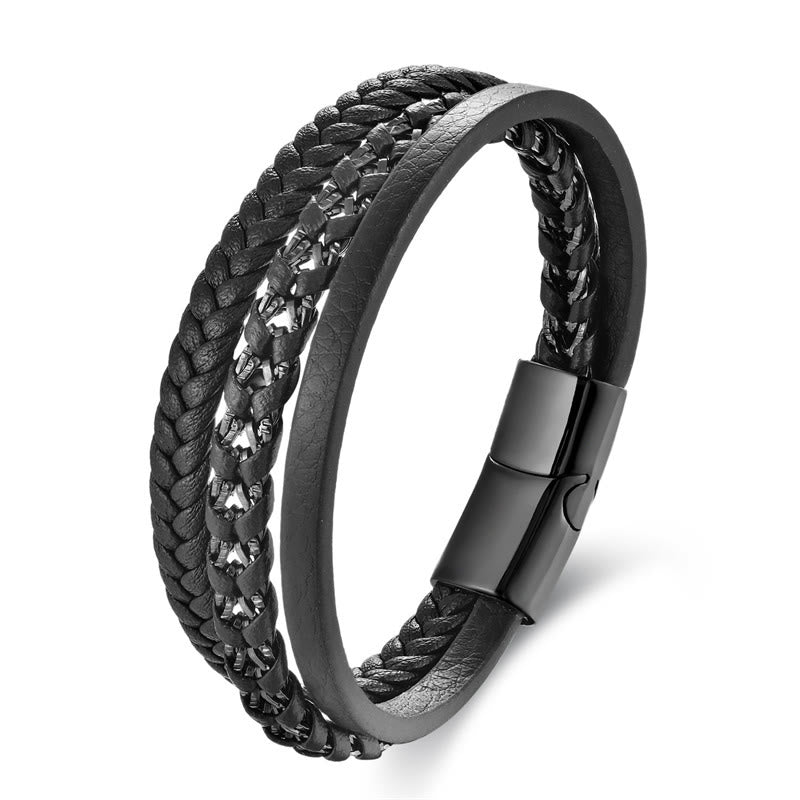 Buddha Stones Geflochtenes Design Titanstahl Ruhiges mehrschichtiges Lederarmband mit Schnalle
