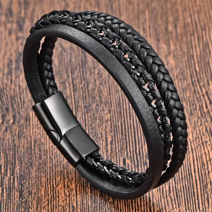 Buddha Stones Geflochtenes Design Titanstahl Ruhiges mehrschichtiges Lederarmband mit Schnalle