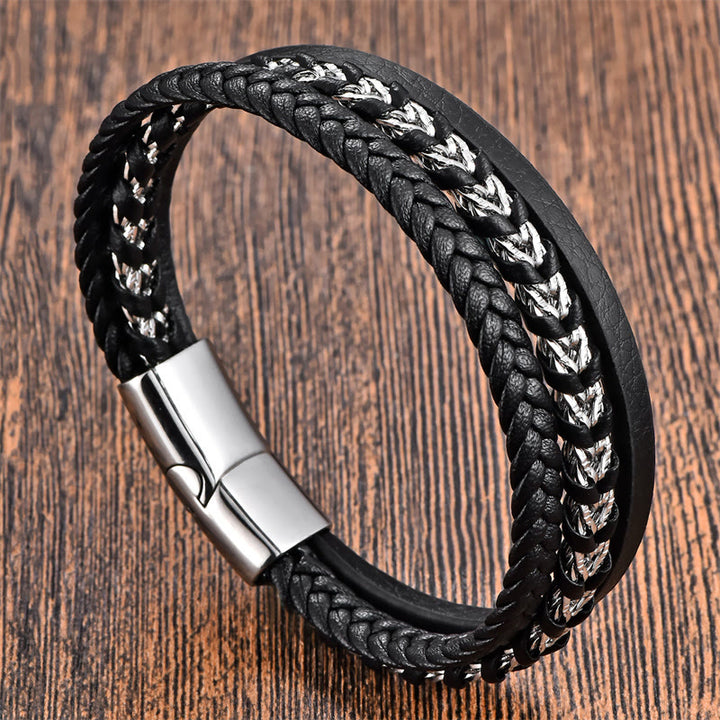 Buddha Stones Geflochtenes Design Titanstahl Ruhiges mehrschichtiges Lederarmband mit Schnalle