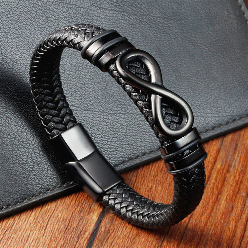 Buddha Stones Endless Knot Design Titanstahl verstärktes geflochtenes Lederarmband mit Schnalle