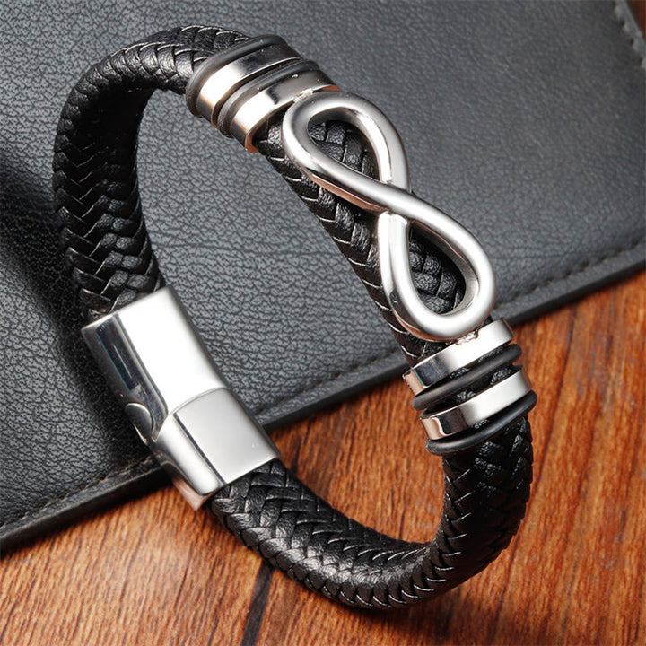 Buddha Stones Endless Knot Design Titanstahl verstärktes geflochtenes Lederarmband mit Schnalle