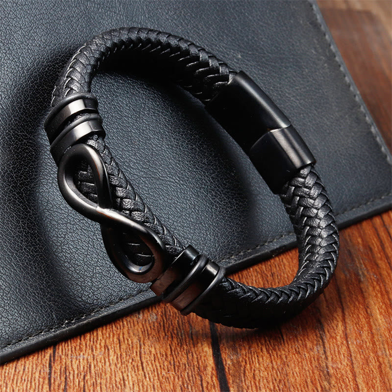 Buddha Stones Endless Knot Design Titanstahl verstärktes geflochtenes Lederarmband mit Schnalle