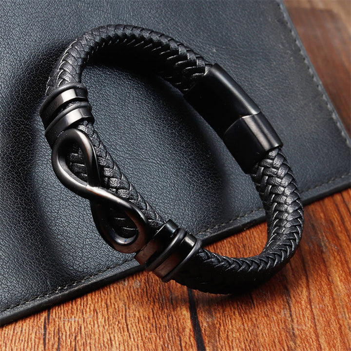 Buddha Stones Endless Knot Design Titanstahl verstärktes geflochtenes Lederarmband mit Schnalle