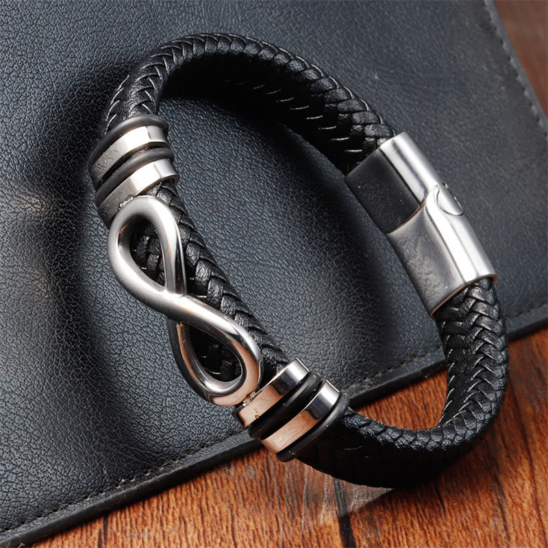 Buddha Stones Endless Knot Design Titanstahl verstärktes geflochtenes Lederarmband mit Schnalle