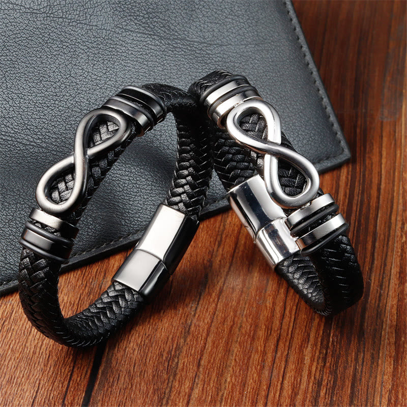 Buddha Stones Endless Knot Design Titanstahl verstärktes geflochtenes Lederarmband mit Schnalle