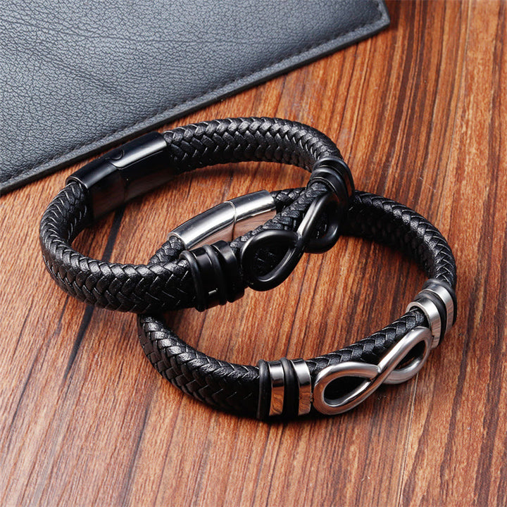 Buddha Stones Endless Knot Design Titanstahl verstärktes geflochtenes Lederarmband mit Schnalle