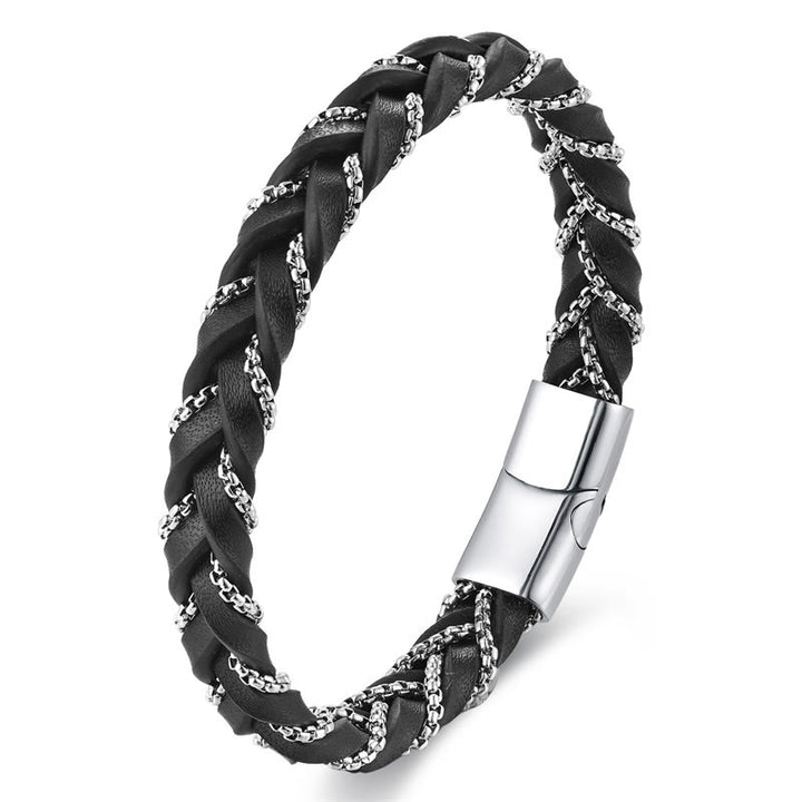 Buddha Stones Schlichtes Design Titanstahl Ruhiges geflochtenes Lederarmband mit Schnalle
