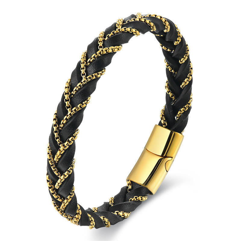 Buddha Stones Schlichtes Design Titanstahl Ruhiges geflochtenes Lederarmband mit Schnalle