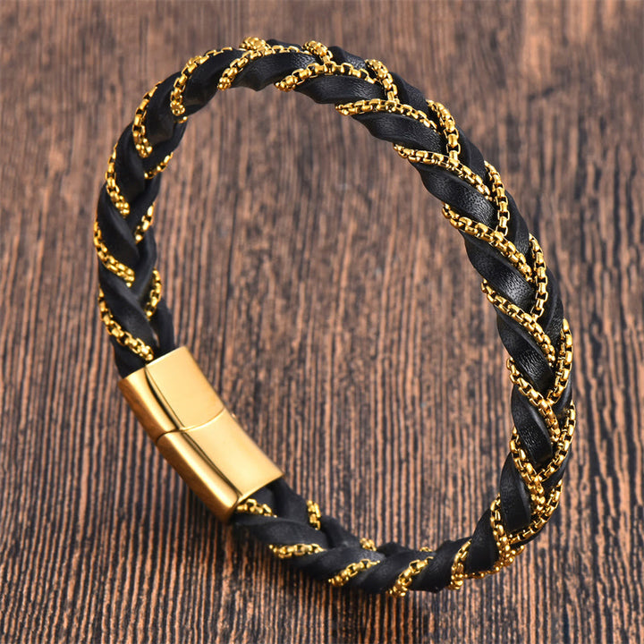 Buddha Stones Schlichtes Design Titanstahl Ruhiges geflochtenes Lederarmband mit Schnalle