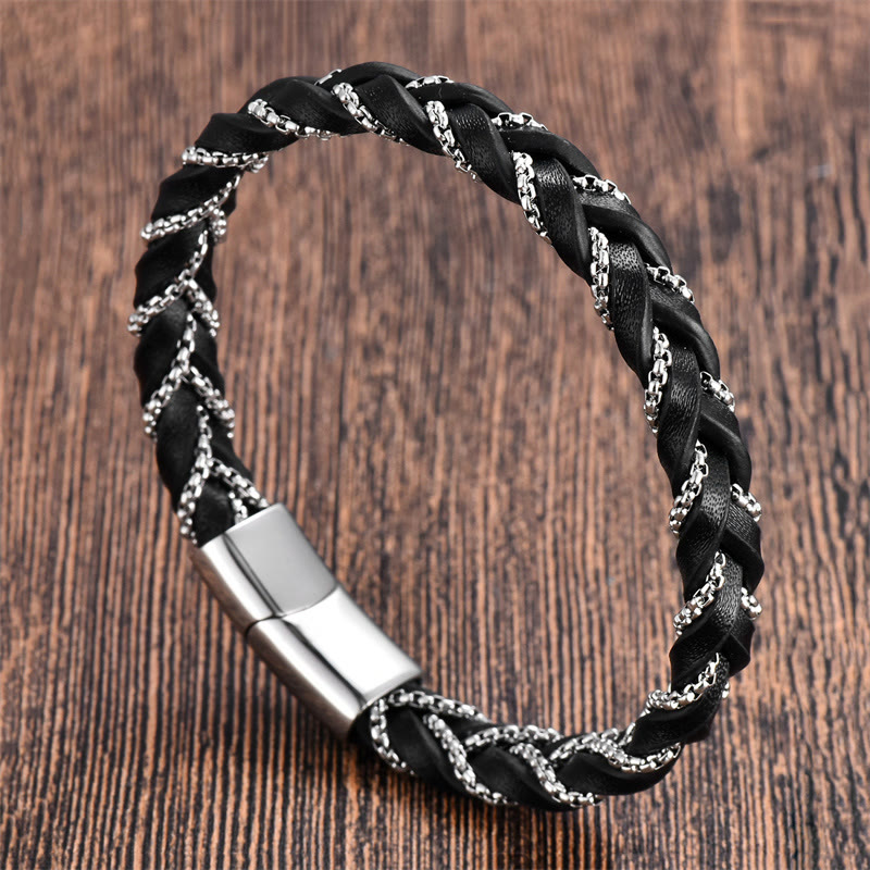 Buddha Stones Schlichtes Design Titanstahl Ruhiges geflochtenes Lederarmband mit Schnalle
