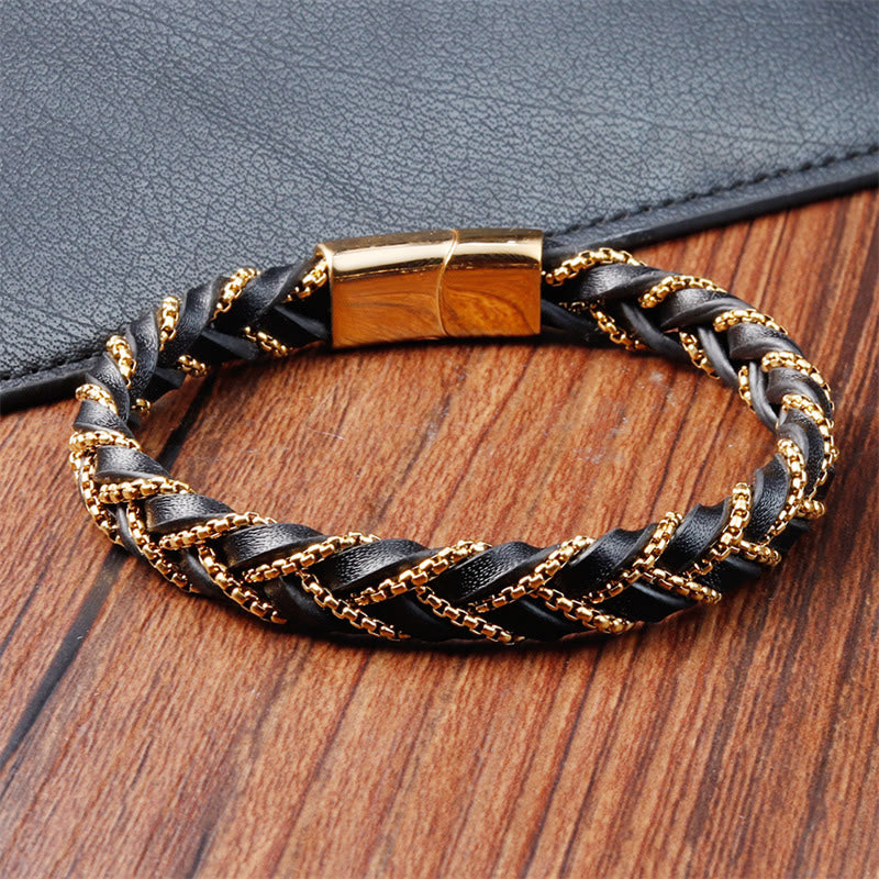 Buddha Stones Schlichtes Design Titanstahl Ruhiges geflochtenes Lederarmband mit Schnalle