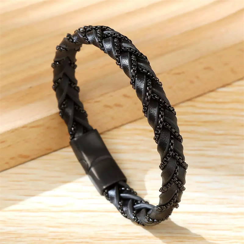 Buddha Stones Schlichtes Design Titanstahl Ruhiges geflochtenes Lederarmband mit Schnalle