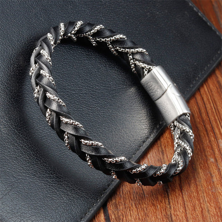 Buddha Stones Schlichtes Design Titanstahl Ruhiges geflochtenes Lederarmband mit Schnalle