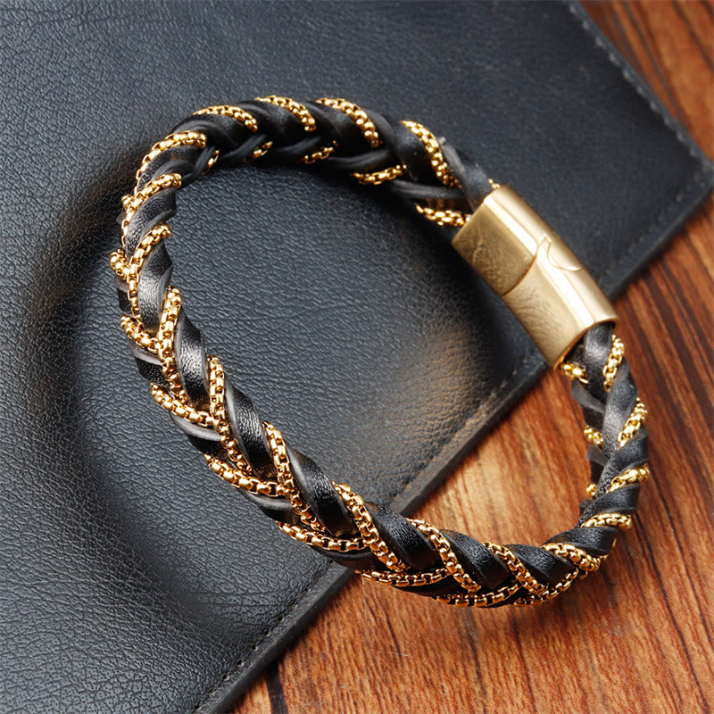 Buddha Stones Schlichtes Design Titanstahl Ruhiges geflochtenes Lederarmband mit Schnalle