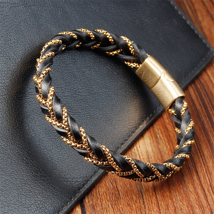 Buddha Stones Schlichtes Design Titanstahl Ruhiges geflochtenes Lederarmband mit Schnalle