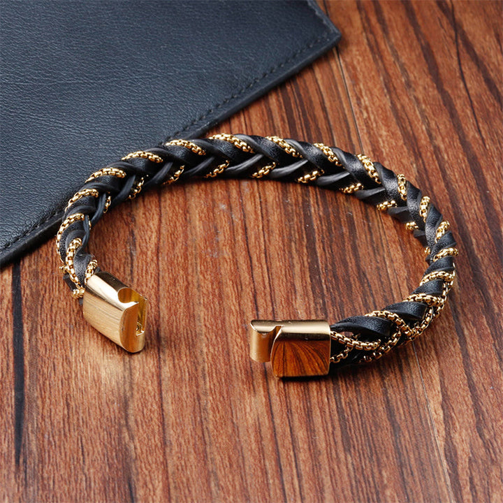 Buddha Stones Schlichtes Design Titanstahl Ruhiges geflochtenes Lederarmband mit Schnalle