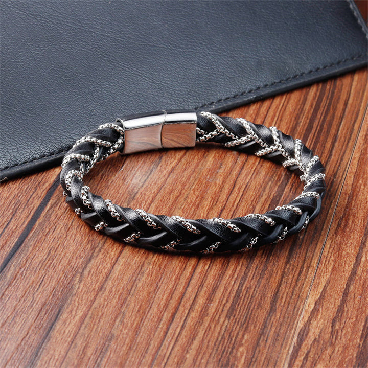 Buddha Stones Schlichtes Design Titanstahl Ruhiges geflochtenes Lederarmband mit Schnalle