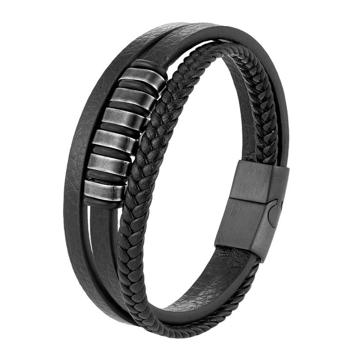 Buddha Stones Einfaches Titanstahl-geflochtenes dreilagiges Lederarmband mit Schnalle