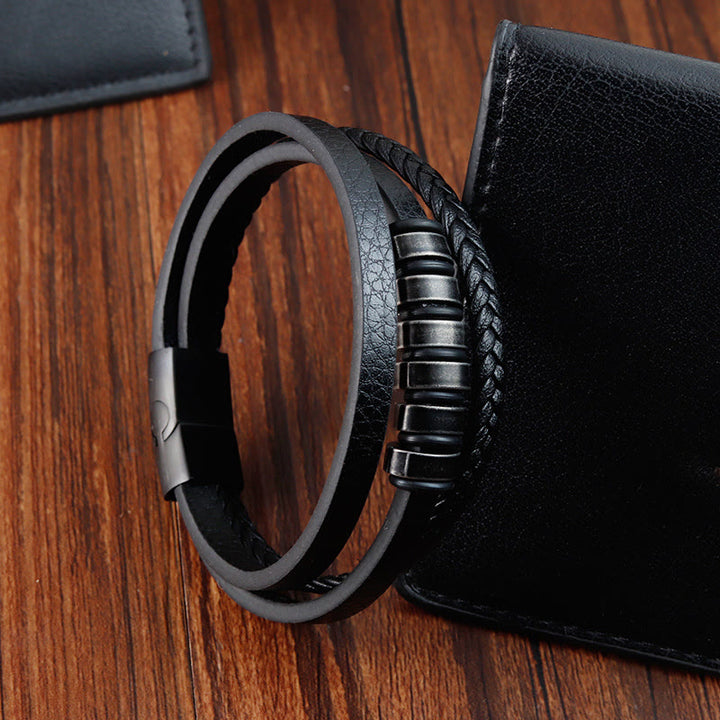 Buddha Stones Einfaches Titanstahl-geflochtenes dreilagiges Lederarmband mit Schnalle
