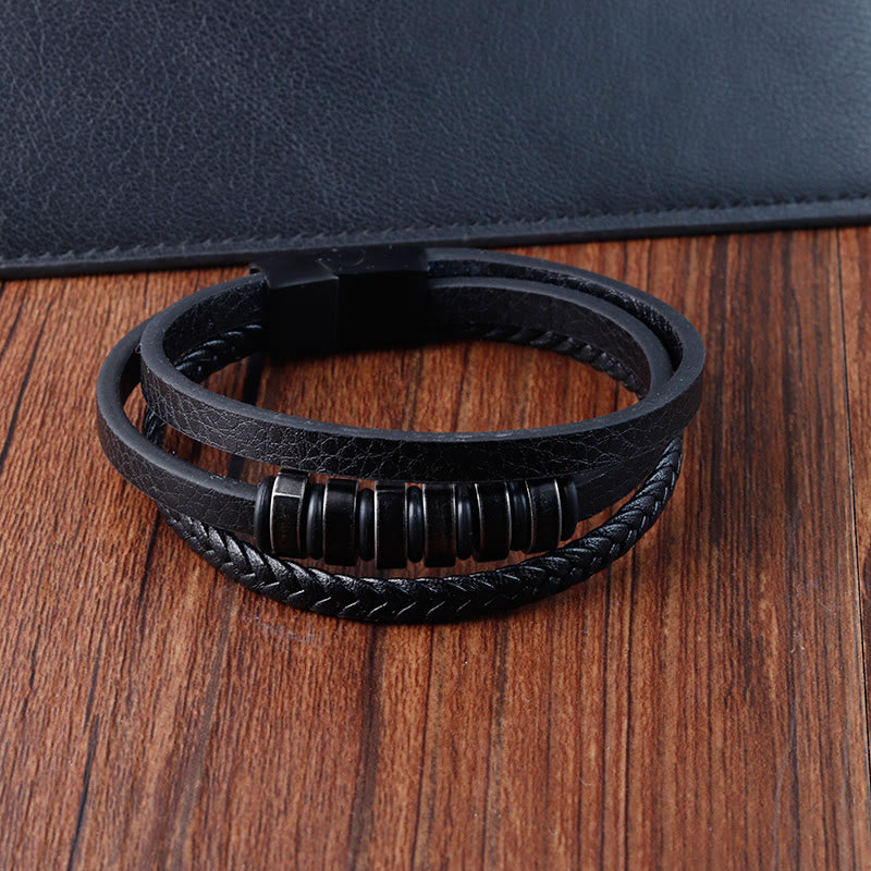 Buddha Stones Einfaches Titanstahl-geflochtenes dreilagiges Lederarmband mit Schnalle