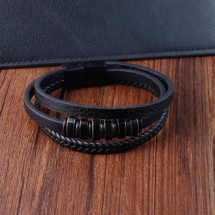 Buddha Stones Einfaches Titanstahl-geflochtenes dreilagiges Lederarmband mit Schnalle