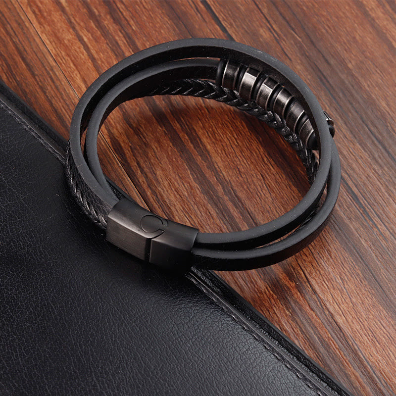 Buddha Stones Einfaches Titanstahl-geflochtenes dreilagiges Lederarmband mit Schnalle