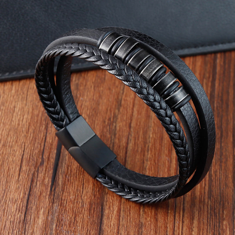 Buddha Stones Einfaches Titanstahl-geflochtenes dreilagiges Lederarmband mit Schnalle