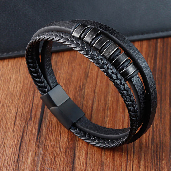 Buddha Stones Einfaches Titanstahl-geflochtenes dreilagiges Lederarmband mit Schnalle
