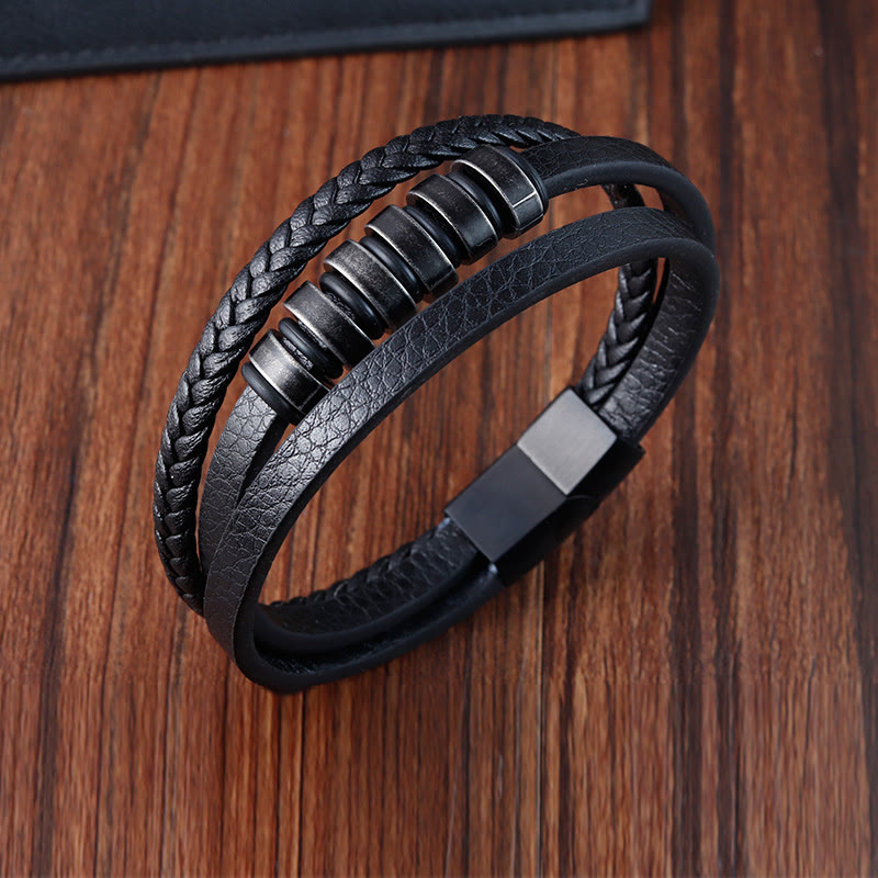 Buddha Stones Einfaches Titanstahl-geflochtenes dreilagiges Lederarmband mit Schnalle