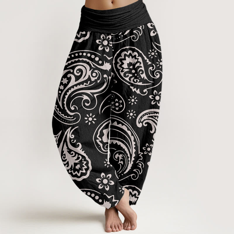Buddha Stones Lässige, elegante Haremshose mit Paisley-Blumenmuster für Damen, elastische Taille - Schwarz - US22， UK/AU26，EU54 (6XL) - image 1