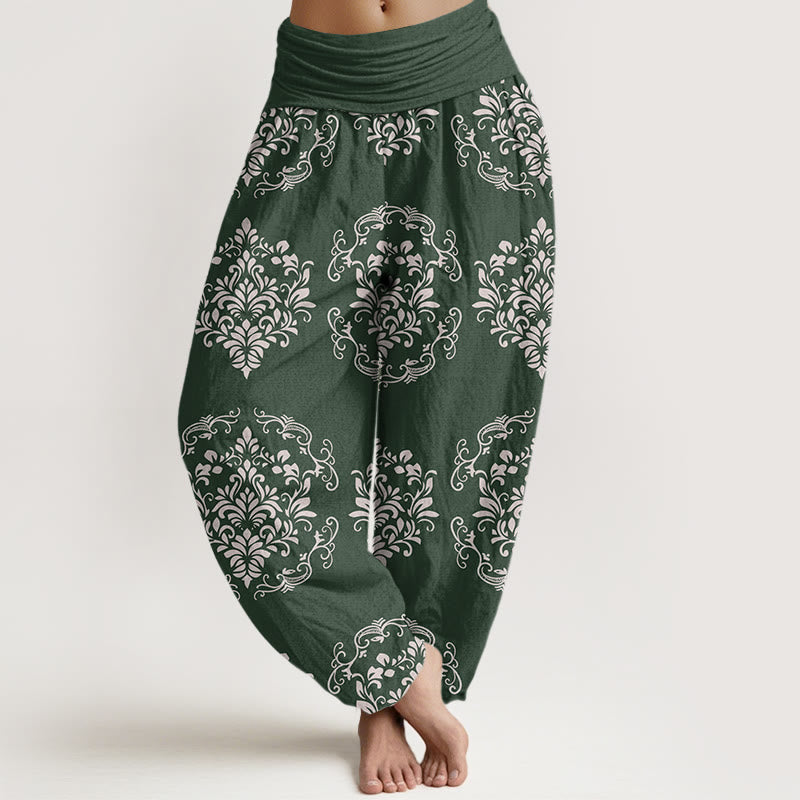 Buddha Stones Lässige, symmetrische Haremshose mit Blumenmotiven für Damen mit elastischer Taille - Waldgrün - US22， UK/AU26，EU54 (6XL) - image 1