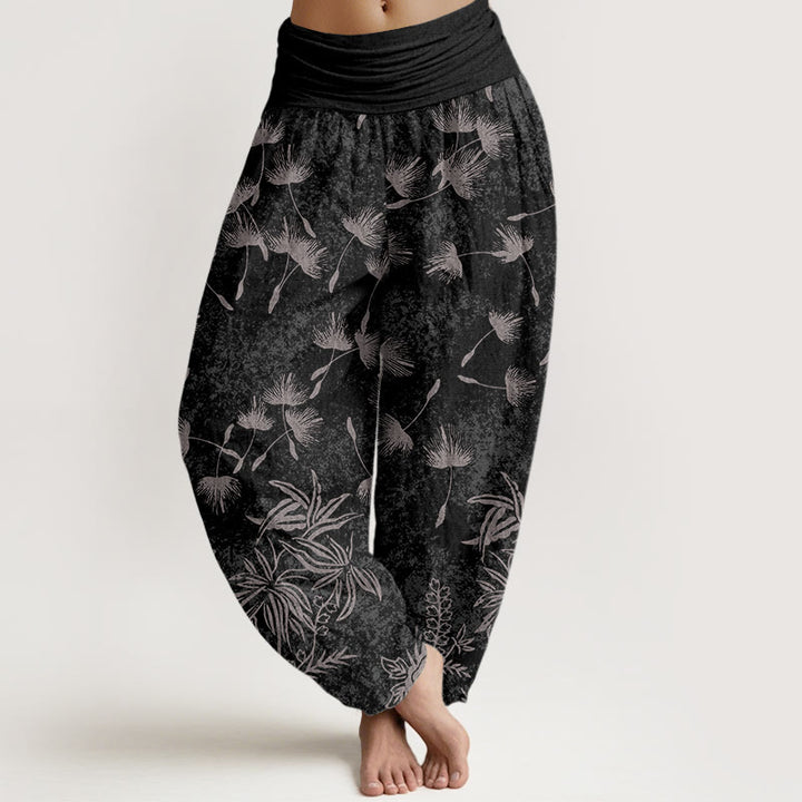 Buddha Stones Lässige Haremshose für Damen mit elastischer Taille und Löwenzahn-Samenmuster - Schwarz - US22， UK/AU26，EU54 (6XL) - image 8