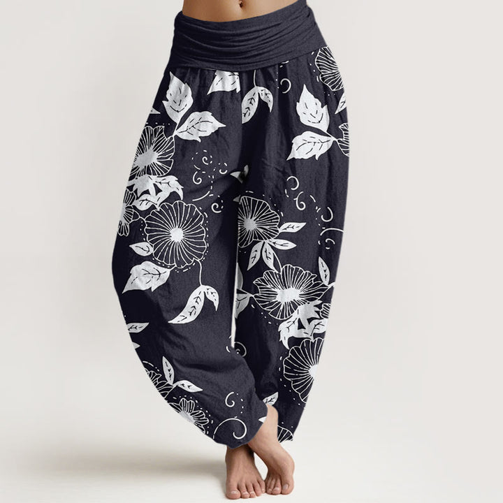 Buddha Stones Lässige Haremshose für Damen mit elastischer Taille und Blumen- und Blättermuster - Schwarz - US22， UK/AU26，EU54 (6XL) - image 1