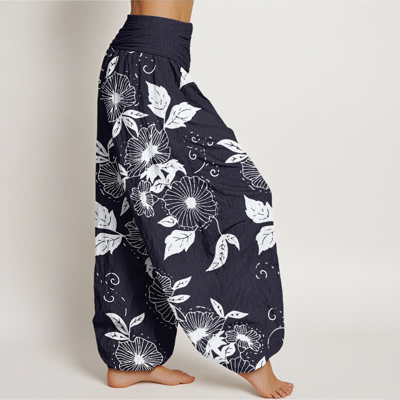Buddha Stones Lässige Haremshose für Damen mit elastischer Taille und Blumen- und Blättermuster - image 2