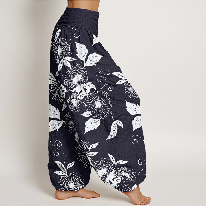 Buddha Stones Lässige Haremshose für Damen mit elastischer Taille und Blumen- und Blättermuster - image 2
